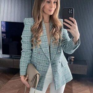 Zara Tweed Greenish-Blue Blazer